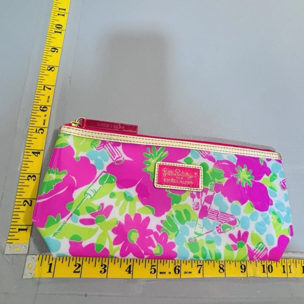 Lilly Pulitzer Green Pink Blue Vinyl Zip Top Cosmetic Case Bag Storage Pretty